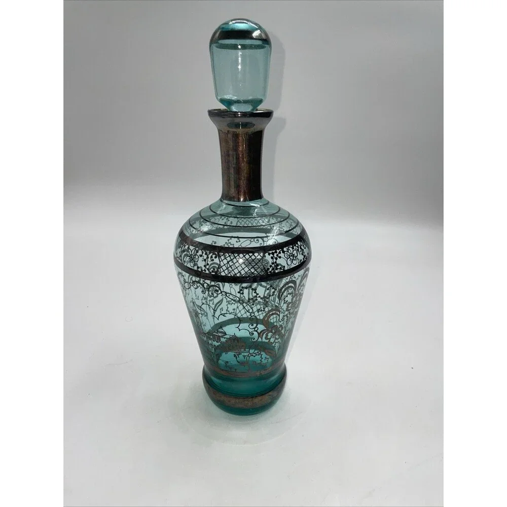 VINTAGE Art Deco Venetian Hand Blown Silver Overlay Glass Decanter 3 Cordials